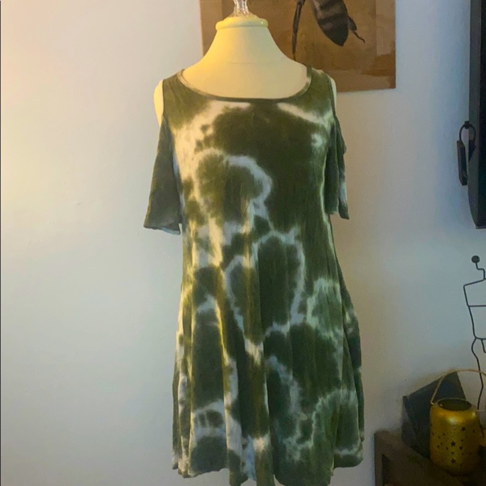 Used Poof! Cold shoulder olive tie dyed dress